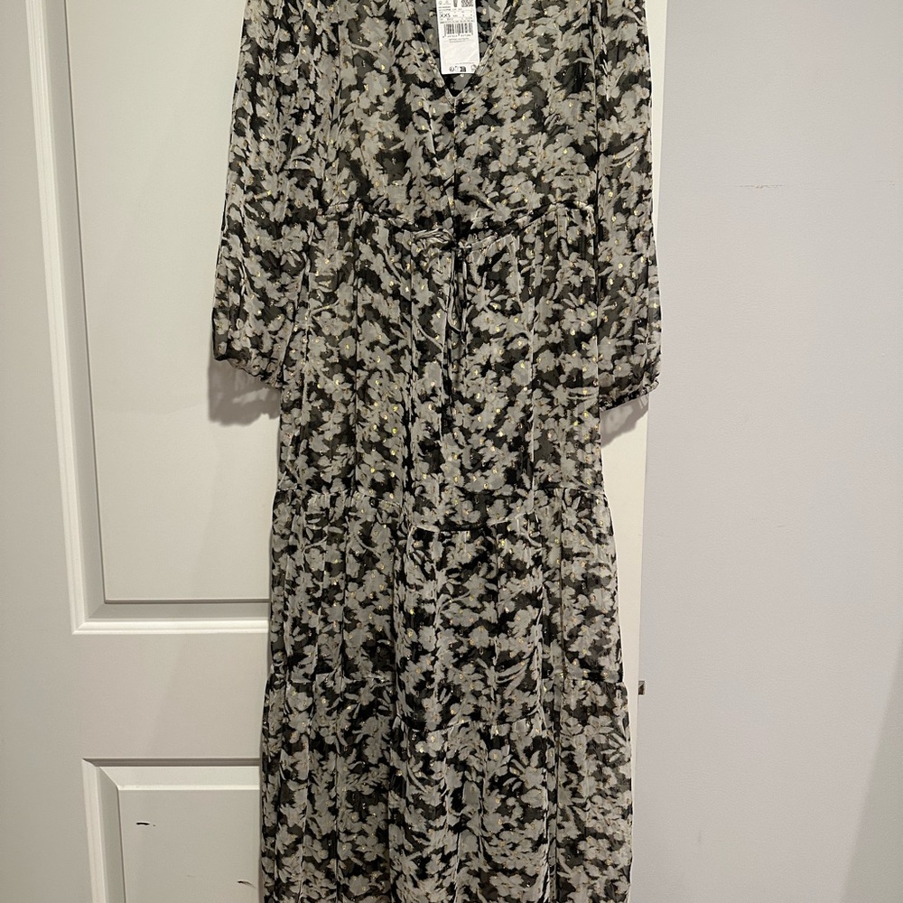 Mango Black and Cream Floral Tiered Maxi Dress with gold accents- NEW
